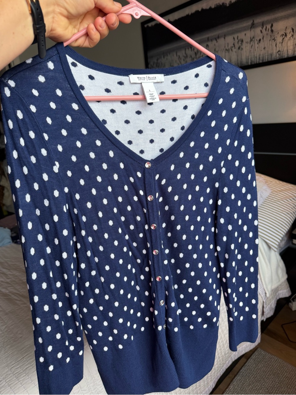 White House Black Market Navy and White Polka Dot V‑Neck Cardigan